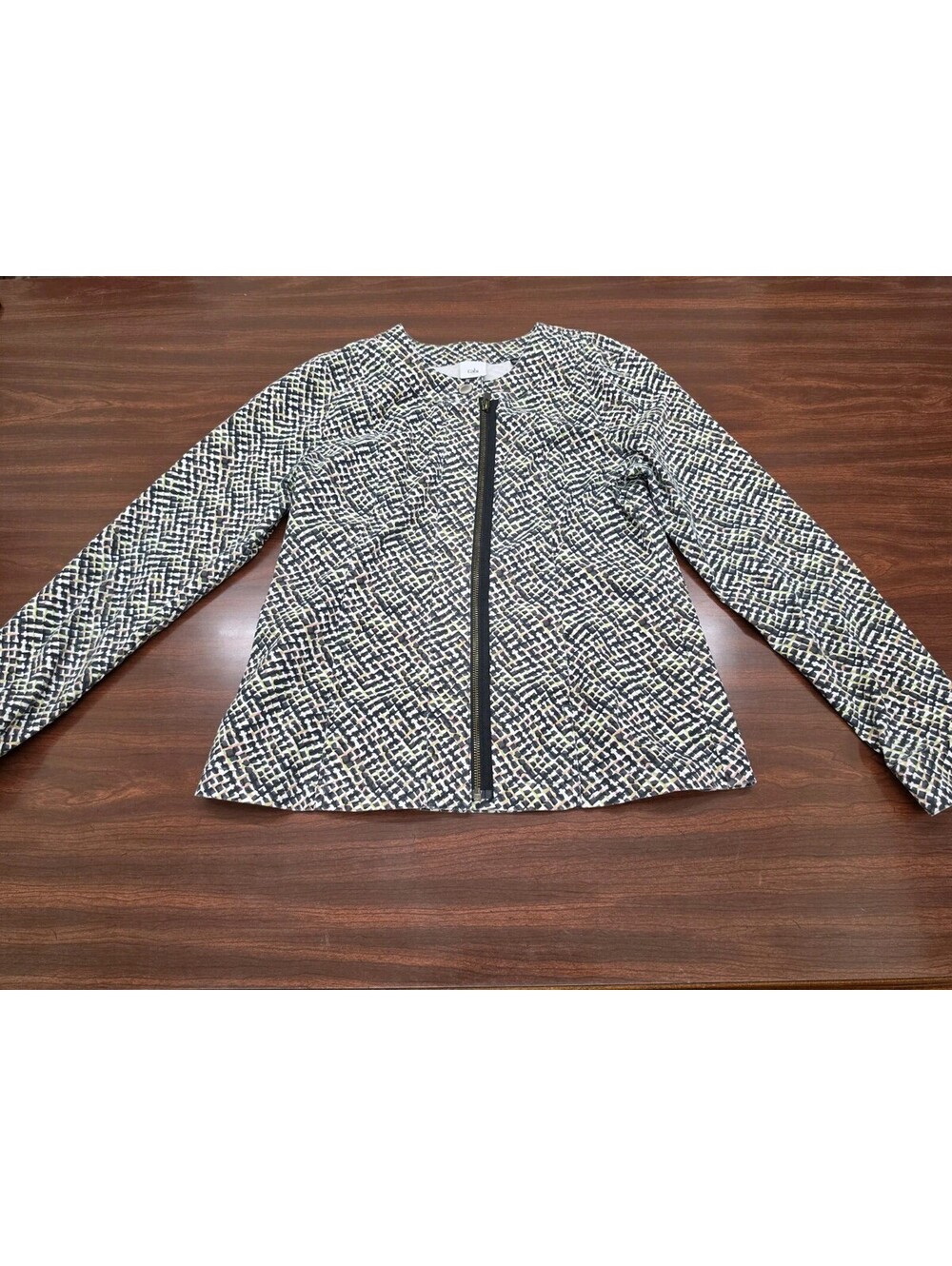 CAbi Womens Medium Black Multi Geometric Print Full Zip Jacket Office Sleek Chic